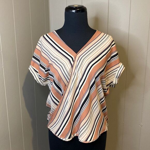 W5 Anthropologie Women’s Small Short Sleeve Tunic Top Wrap High Low Hem Stripes - Picture 1 of 6